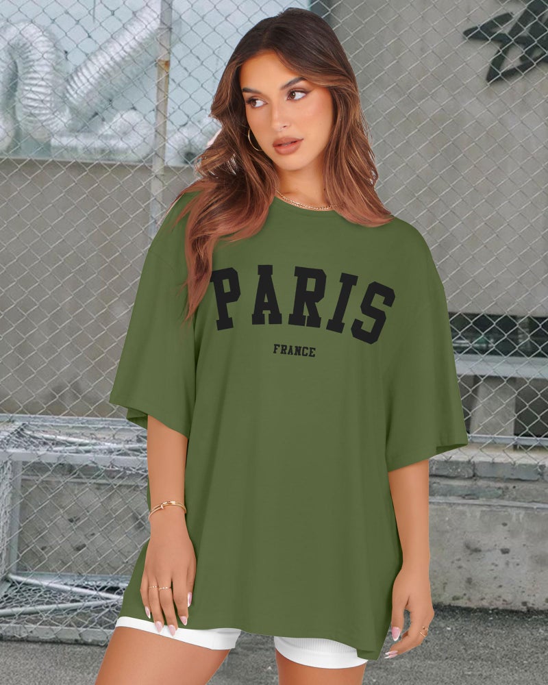 rosemia Oversized Tshirts for Women Summer Short Sleeve Round Neck Graphic Tee Shirt, Green Pairs, L - Image 4