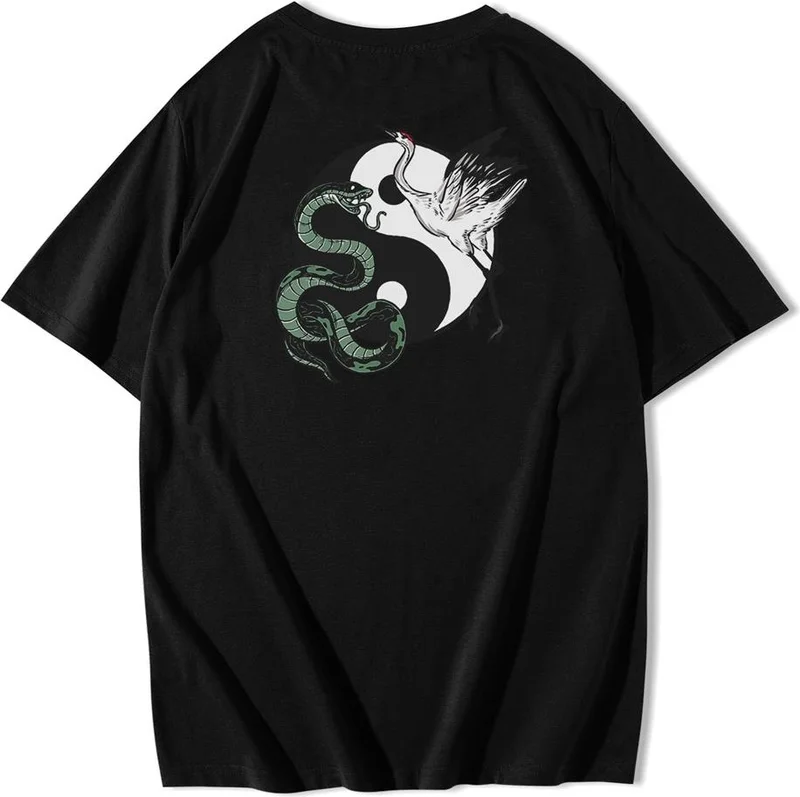 BRZ Collection Unisex Oversize Front and Back Printed Ying Yang Snake And Crane T-Shirt