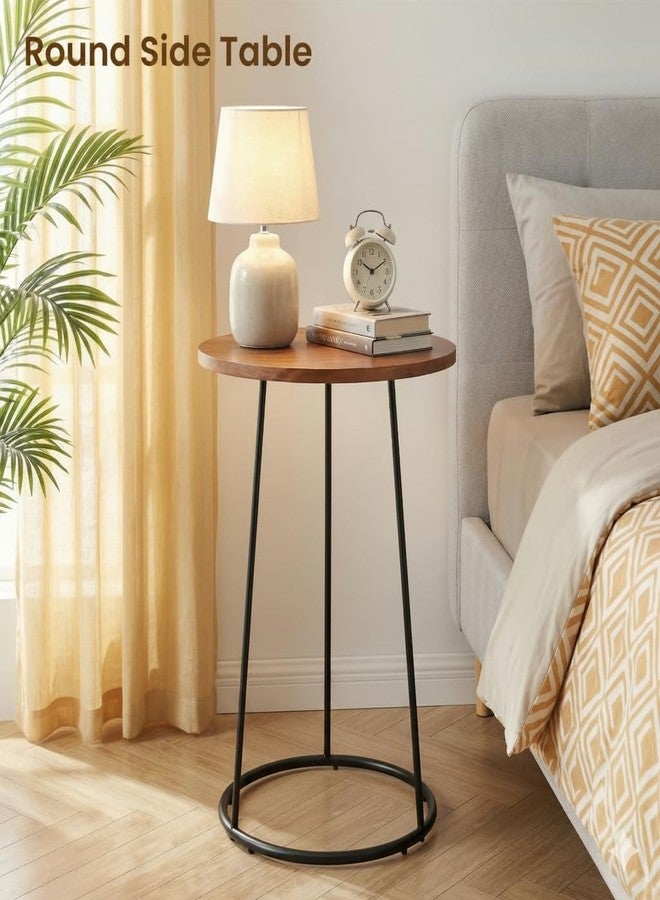 Manora Round End Table, Modern Industrial Side Table Nightstand, Small Wood Top Accent Table for Living Room, Couch, Bedroom, Black Metal Legs, Rustic Brown - Image 2