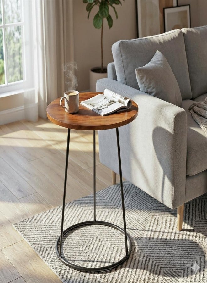Manora Round End Table, Modern Industrial Side Table Nightstand, Small Wood Top Accent Table for Living Room, Couch, Bedroom, Black Metal Legs, Rustic Brown - Image 1