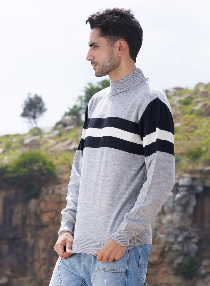 Campus Sutra Men's Light Grey Relaxed Horizontal Striped Pullover Sweater  - Image 2