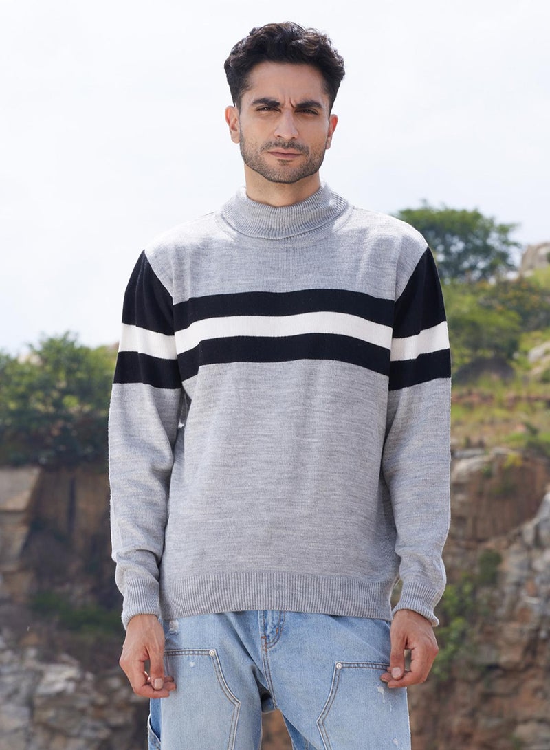 Campus Sutra Men's Light Grey Relaxed Horizontal Striped Pullover Sweater  - Image 3