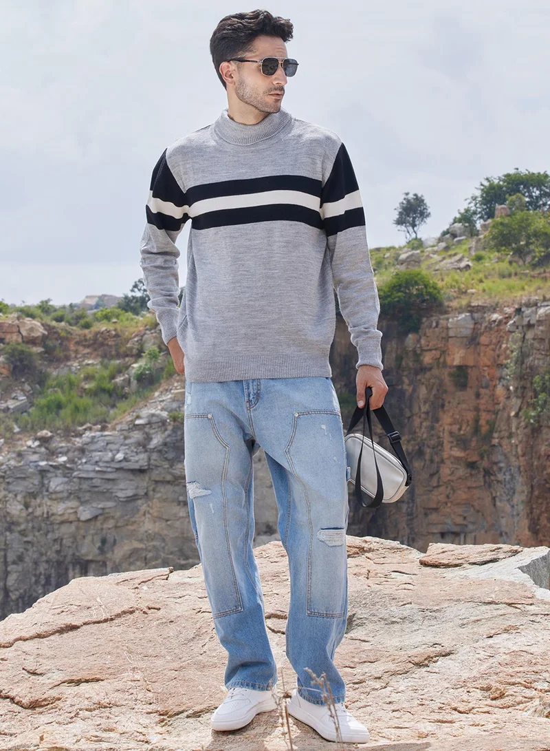 Campus Sutra Men's Light Grey Relaxed Horizontal Striped Pullover Sweater