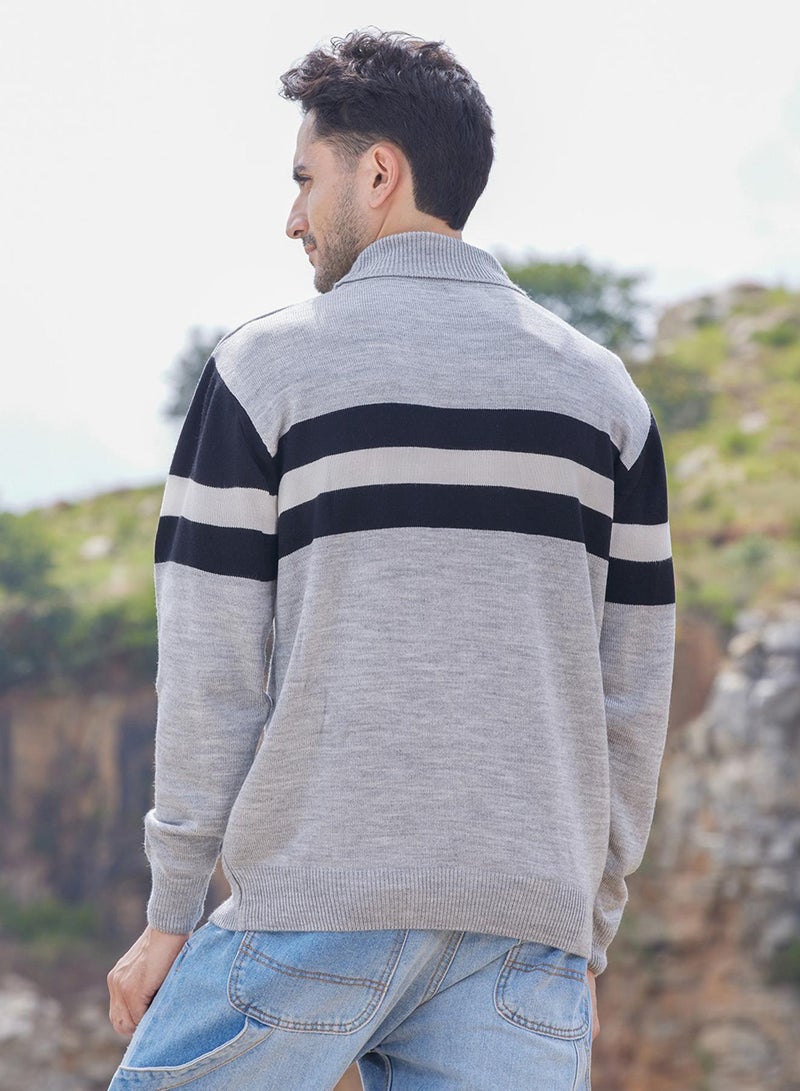 Campus Sutra Men's Light Grey Relaxed Horizontal Striped Pullover Sweater  - Image 5