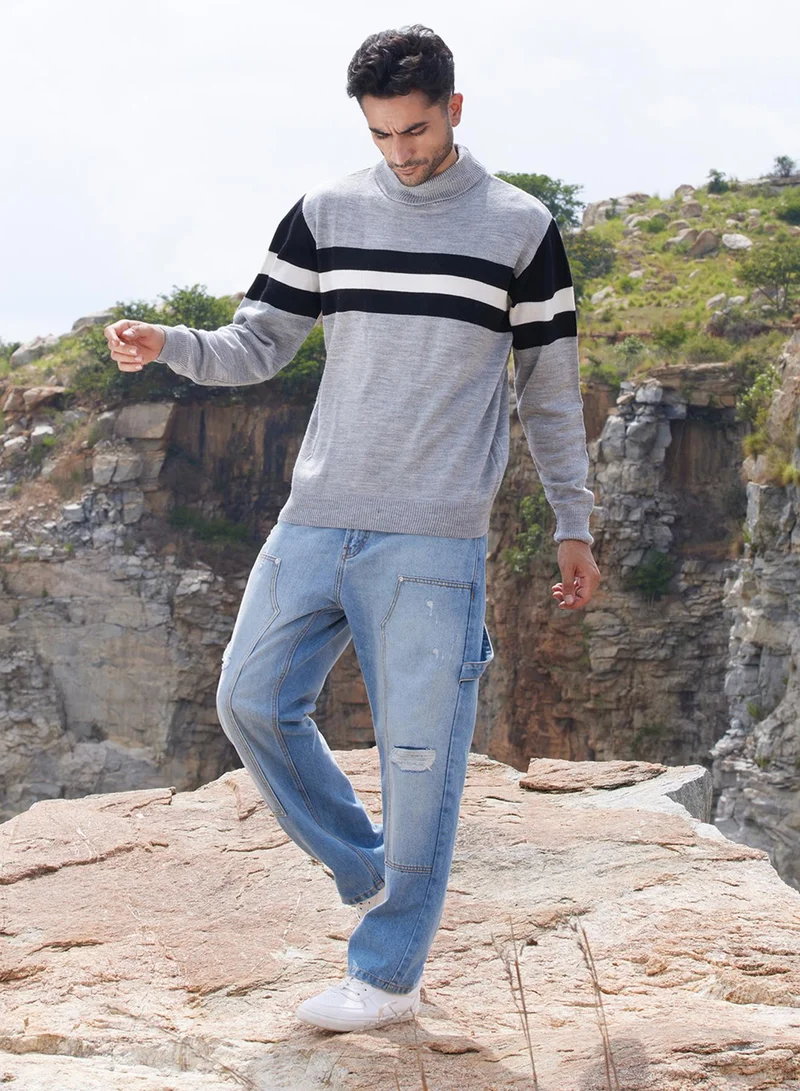 Campus Sutra Men's Light Grey Relaxed Horizontal Striped Pullover Sweater