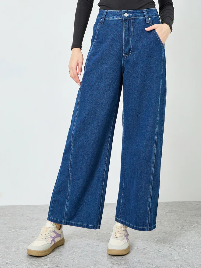 Styli Women Blue Relaxed Fit Wide Leg Jeans