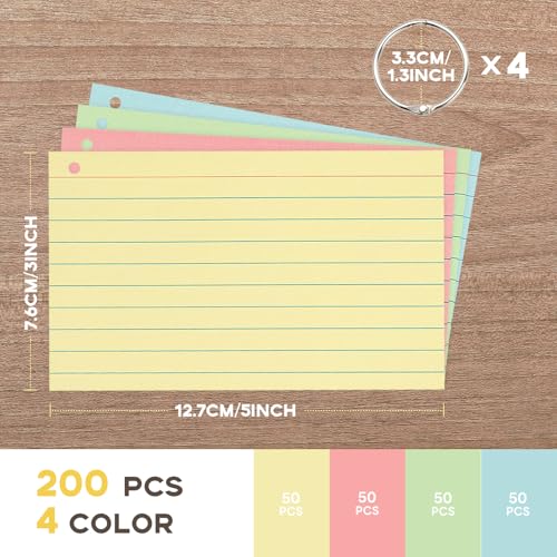 Goefun Colored 3x5 Index Cards with Rings, Goefun Ruled Flashcards 200Pcs, 4 Color Notecards for Studying, Vocabulary Cards, Recipes, Memos, Bookmark, Greetings - Image 2
