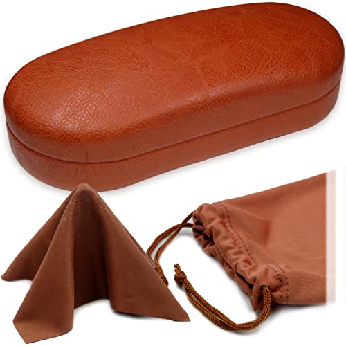 MyEyeglassCase - Men Sunglasses case in Premium Leather Like - Eyeglasses Case Hard Shell with Microfiber Pouch & Cloth Glasses Case - Medium to Large for Men and Women (AS87 Brown Z) - Image 1