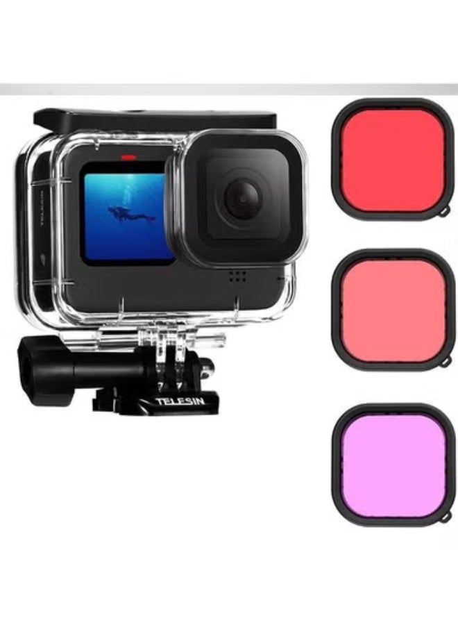 تيليسن حافظة TELESIN مقاومة للماء مع مرشح غوص مكون من 3 عبوات لـ GoPro Hero 12 Hero 11 Hero 10 Hero 9 باللون الأسود يدعم 60 مترًا / 196 قدمًا تحت الماء والغطس العميق مع فلتر أرجواني أحمر Go Pro - Image 1