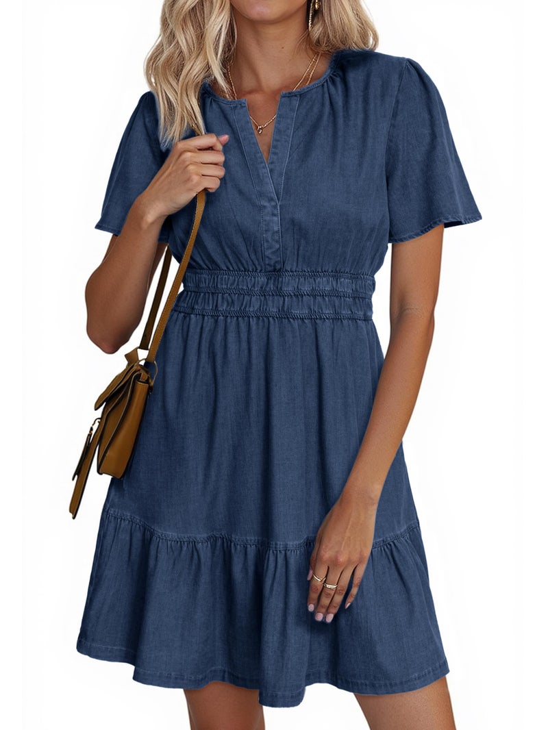 Simplee Apparel Simplee Womens Summer Denim Dress Casual Short Sleeve Mini Dress Boho Beach Flowy Tiered Short Jean Dresses with Pockets,Denim Navy,S - Image 1
