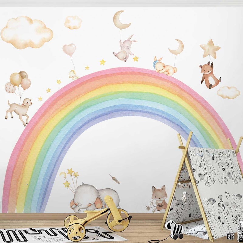 funlife Fabric Large Rainbow Wall Decals Peel and Stick, Animals Elephant Star Clouds Stickers Precut Vibrant Watercolor Rainbow Wall Decals for Girls Bedroom Kids Nursery Room Playroom - Image 1