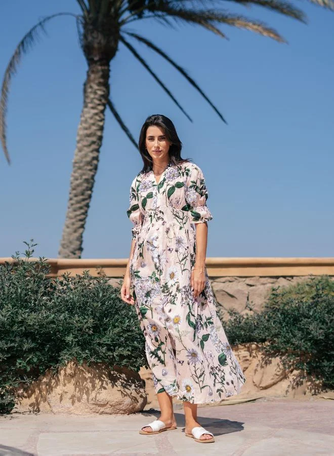 سانسكريتي هومز فستان ماكسي قطني بطبعات زهور Sanskrutihomes مع تفاصيل أزرار