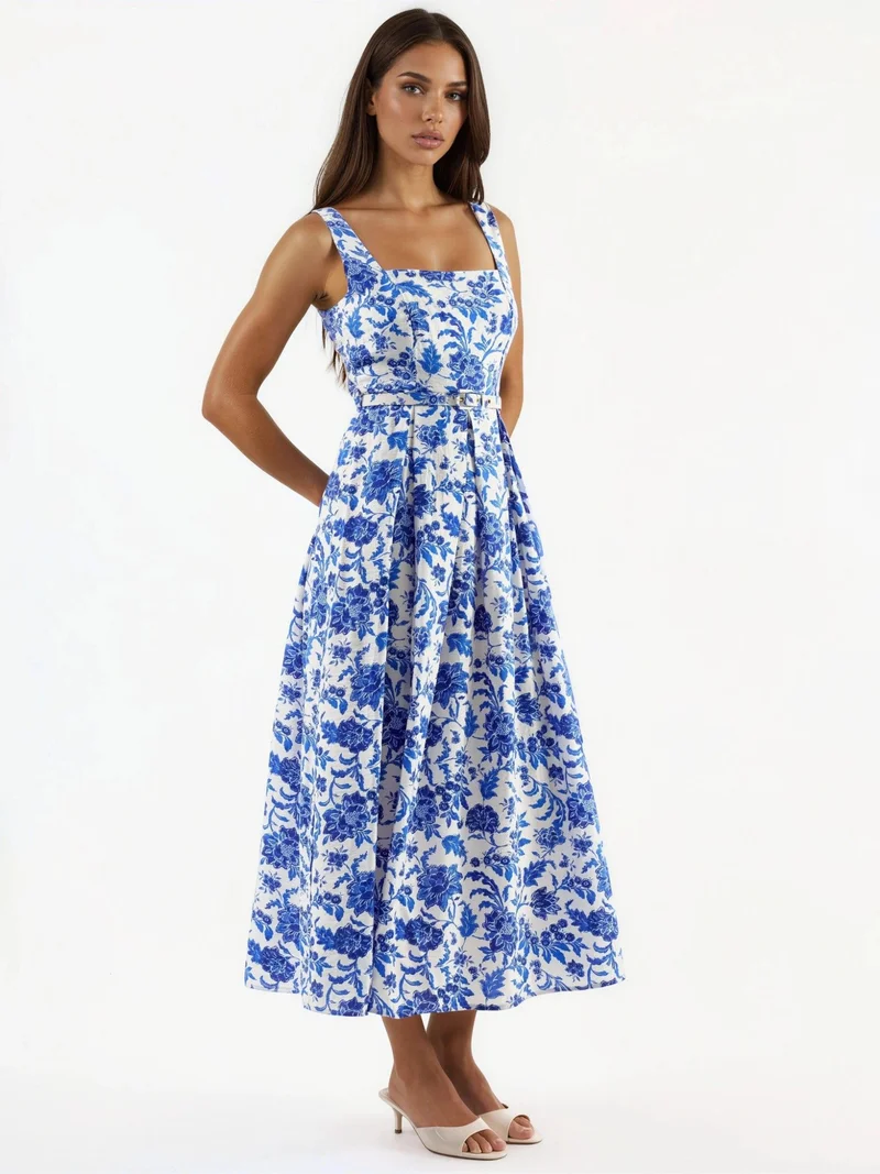 Busem BUSEM Floral Midi Dress with Square Collar