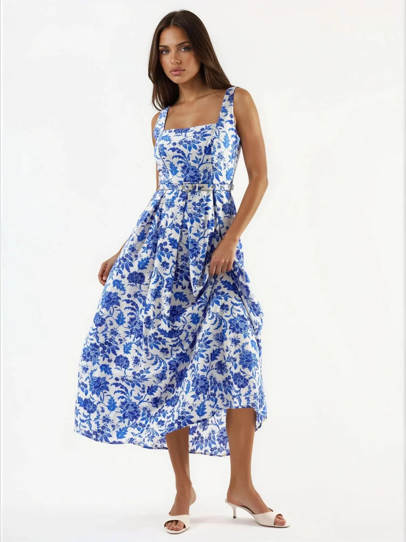 Busem BUSEM Floral Midi Dress with Square Collar