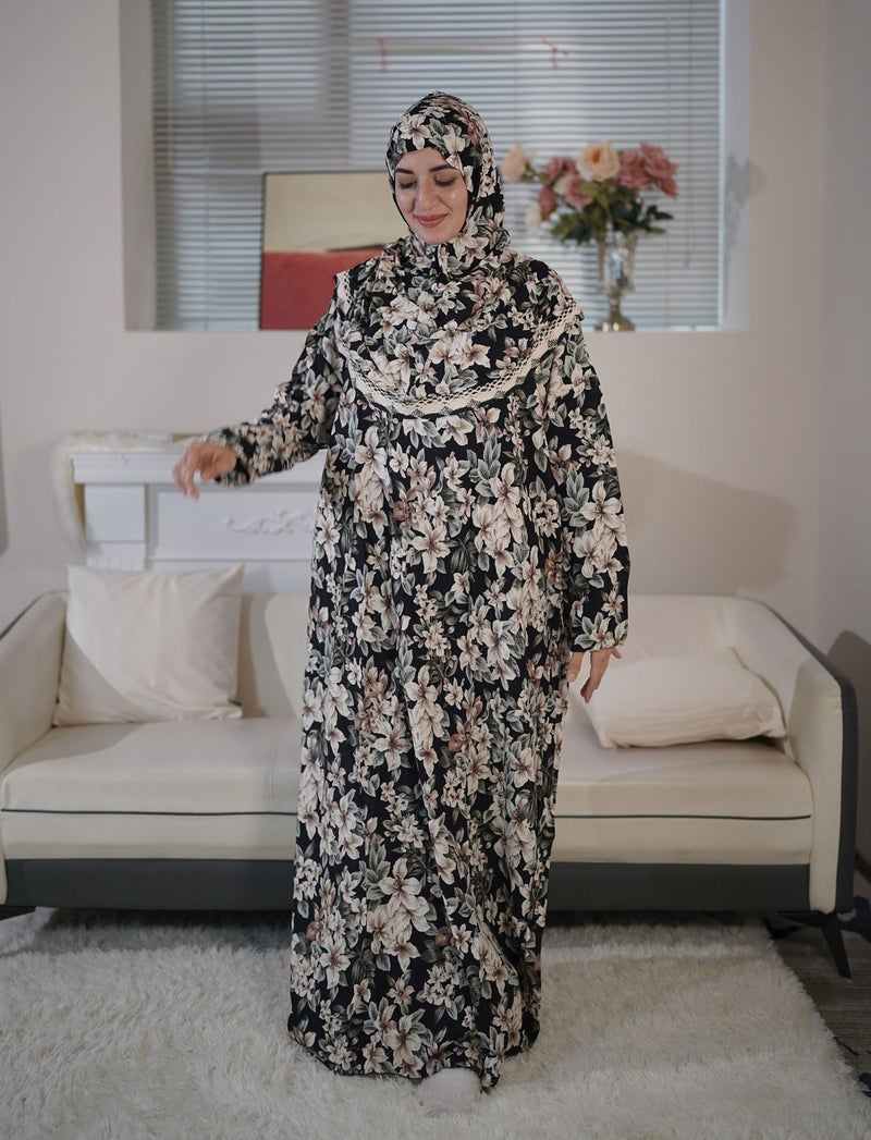 عباءة صلاة جديدة للنساء ذات الحجم الكبير من الشرق الأوسط مع غطاء رأس من الدانتيل، فستان مزهر أفريقي - Image 1