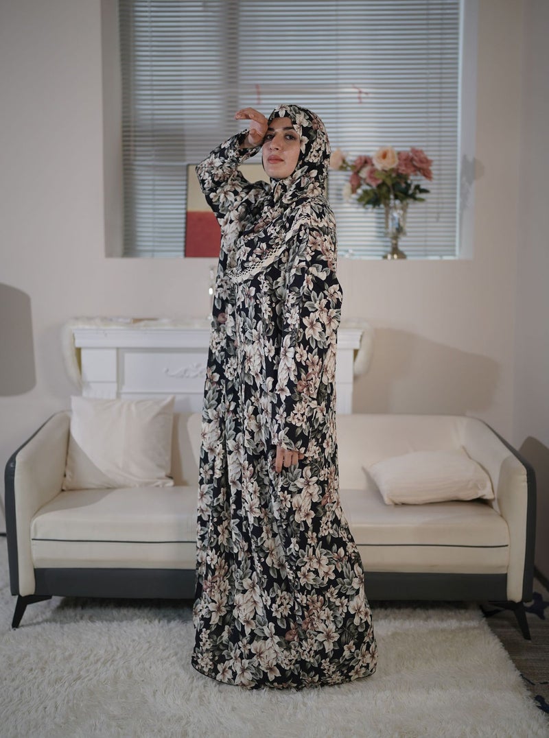 عباءة صلاة جديدة للنساء ذات الحجم الكبير من الشرق الأوسط مع غطاء رأس من الدانتيل، فستان مزهر أفريقي - Image 3