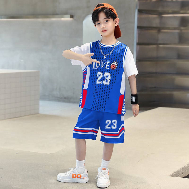 Boys' Summer Clothing for Older Children, 2025 New Cool and Stylish Basketball Uniform for Boys, Trendy Short-Sleeved Sports Quick-Drying Suit - Image 1