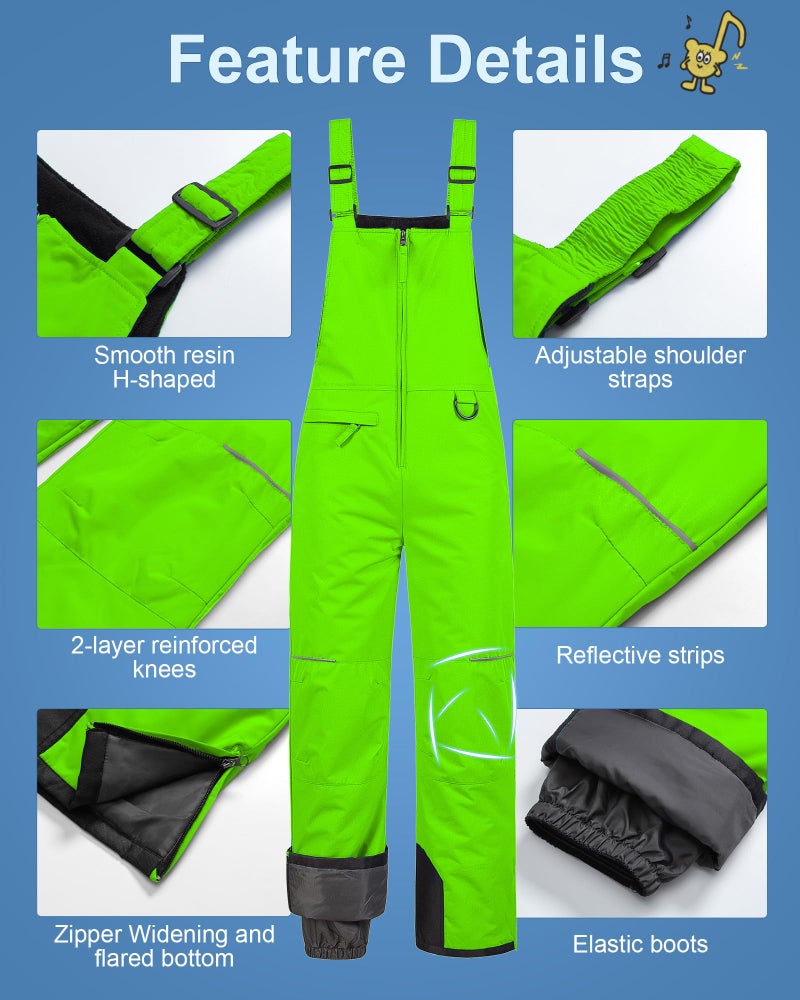 Pursky Boys Ski Pants Snow Bibs Kids Water Resistant Snowboard Skiing Snowbib Snowpants Bib Green 4/5 - Image 3
