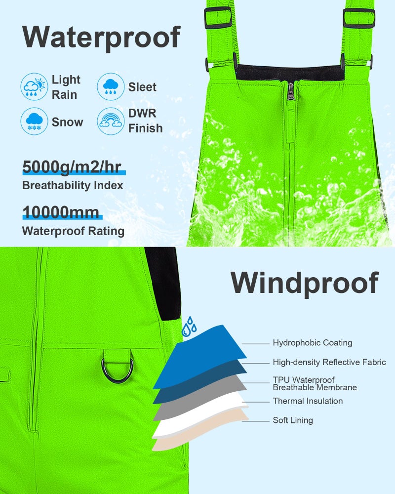 Pursky Boys Ski Pants Snow Bibs Kids Water Resistant Snowboard Skiing Snowbib Snowpants Bib Green 4/5 - Image 2