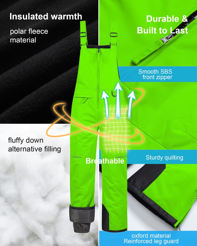 Pursky Boys Ski Pants Snow Bibs Kids Water Resistant Snowboard Skiing Snowbib Snowpants Bib Green 4/5 - Image 1