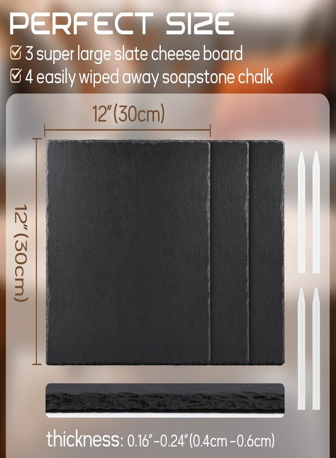 GOH DODD 12x12 Inch Set of 3 Large Slate Cheese Board, Charcuterie Boards Stone Slate Plates, Laser Engraving Blanks for Meat Fruit Appetizers Sussi Party Wedding Housewarming Gifts, Square - Image 3