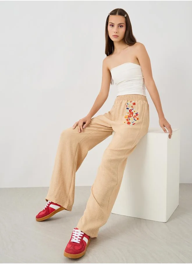 تايك تو Take Two Embroidered Detail Wide Leg Pants with Elasticated Waistband