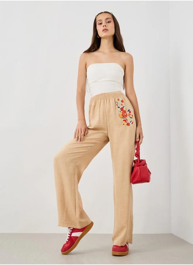 تايك تو Take Two Embroidered Detail Wide Leg Pants with Elasticated Waistband