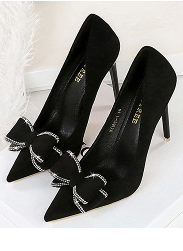 BIGTREE Women's Suede Closed Pointed Toe Stiletto Pump Rhinestone Bowknot Decoration High Heels Black 10.5 CM  - Image 1