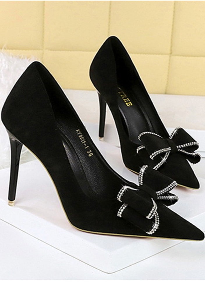 BIGTREE Women's Suede Closed Pointed Toe Stiletto Pump Rhinestone Bowknot Decoration High Heels Black 10.5 CM  - Image 2