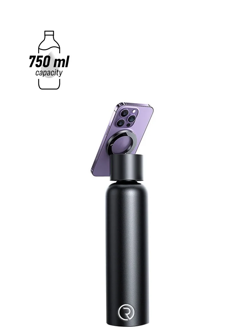 Sports Origin 24oz 750ml Multifunction Portable Water Bottle Tripod Water bottle | Magnet Top Magnetic Lid Water Bottle | Phone Holder | Stainless Steel Hydration Bottle with Integrated MagSafe Phone Mount | 12Hrs Hot/24Hrs Cold | BPA-Free | Works with All Devices Android & iOS | Free Magnetic Booster Ring | Black
