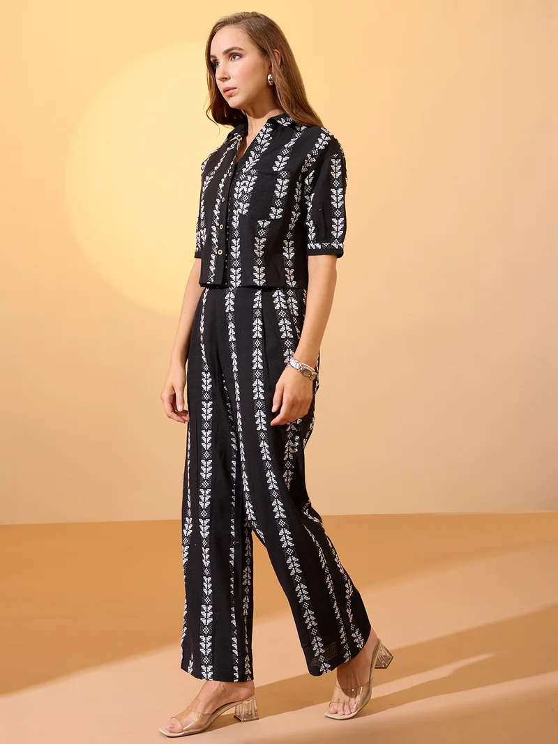 globus Globus Women Black Self Design Collared Neck Boxy Fit Crop Shirt with Wide Leg Trousers Resort Co-Ords Set