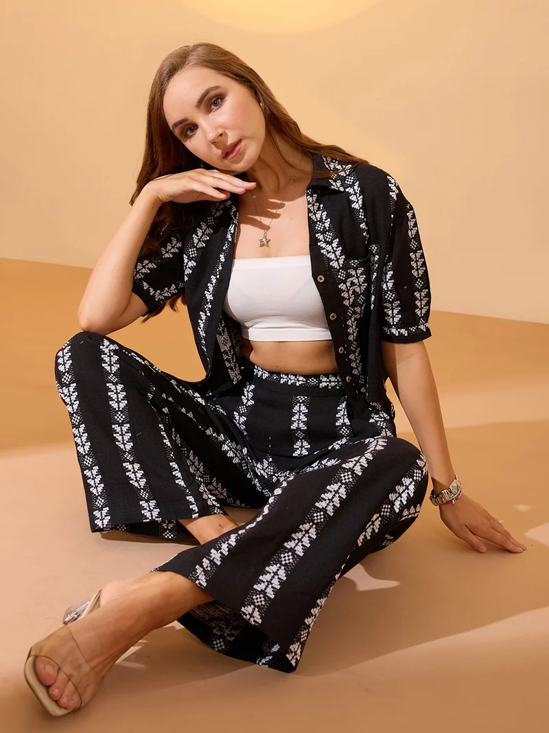 Globus Women Black Self Design Collared Neck Boxy Fit Crop Shirt with Wide Leg Trousers Resort Co-Ords Set