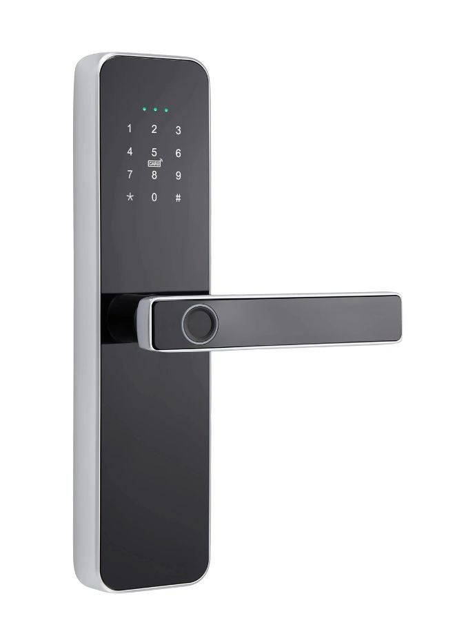 Smart stainless steel door lock with fingerprint, keyless entry, and Tuya app control.(silver) 