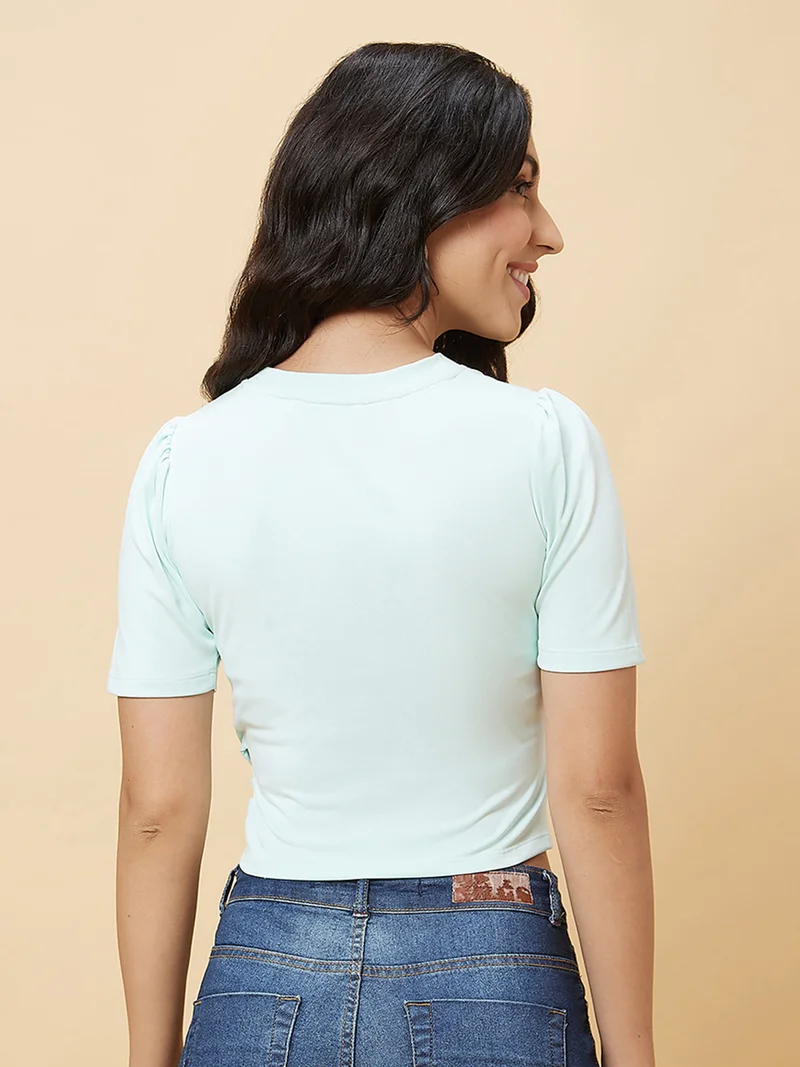 globus Women Sea Green Puff Sleeves Fitted Crop Top