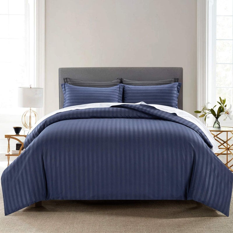 Vocal Store Microfiber 3-Piece Quilt/Duvet/Comforter Cover Set - Queen Size 80" X 80", Striped with 2 Pillow Cover, Blue - Image 1