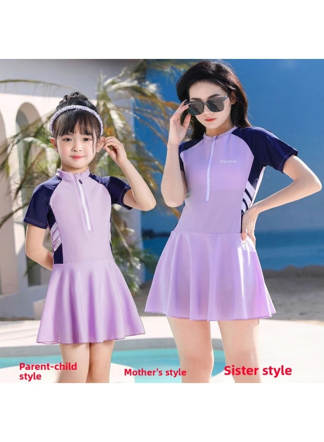 Loquat Swimsuit Parent-child One-piece Swimsuit Quick-drying Sun Protection Swimsuit Women's Meat Covering Plus Size Swimsuit Conservative Parent-child Children's Swimsuit-Color:Light Blue Adult Style- - Image 2