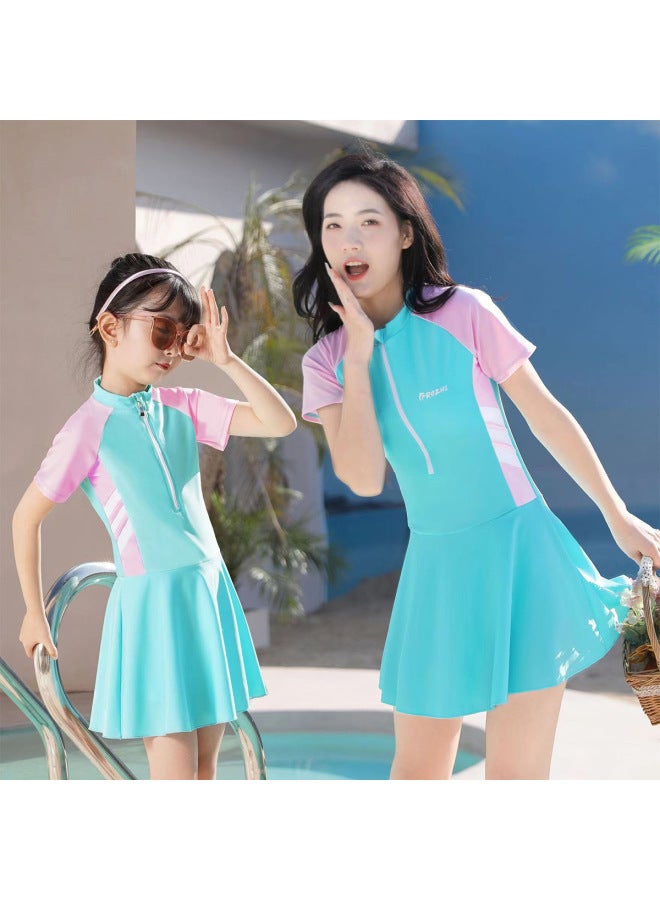 Loquat Swimsuit Parent-child One-piece Swimsuit Quick-drying Sun Protection Swimsuit Women's Meat Covering Plus Size Swimsuit Conservative Parent-child Children's Swimsuit-Color:Light Blue Adult Style- - Image 3