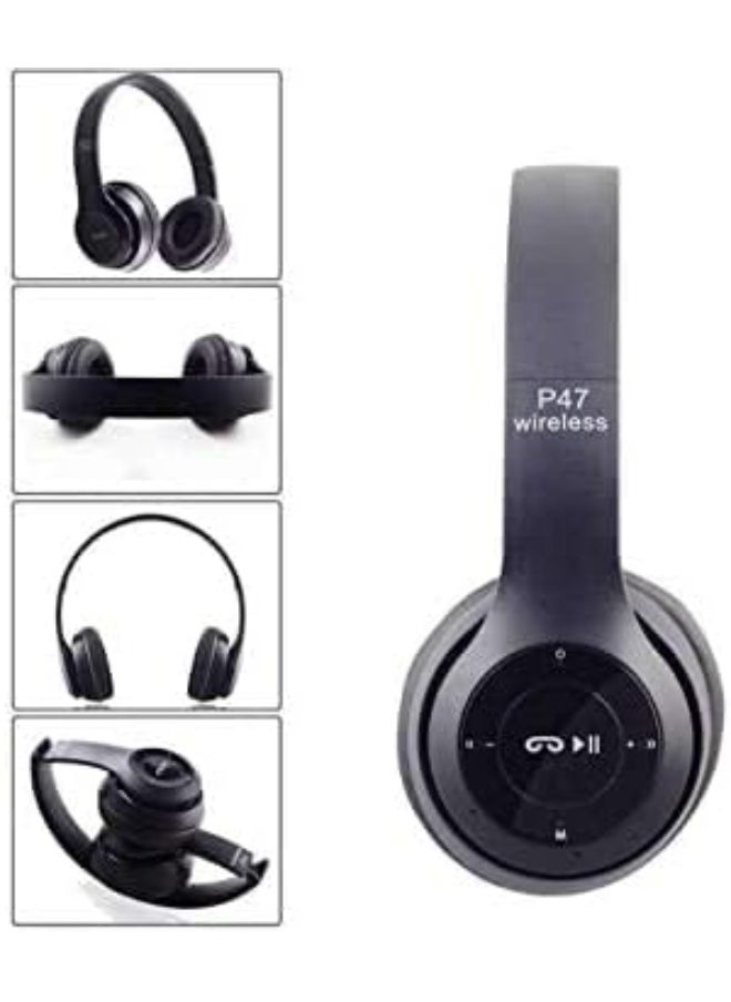 P47 Wireless Bluetooth Headphone P47 - Over Ear Stereo Music Headset with Memory Card Support, Gaming Headphones with Built-in Microphone for Laptop, Mobile Phone-BLACK  - Image 2