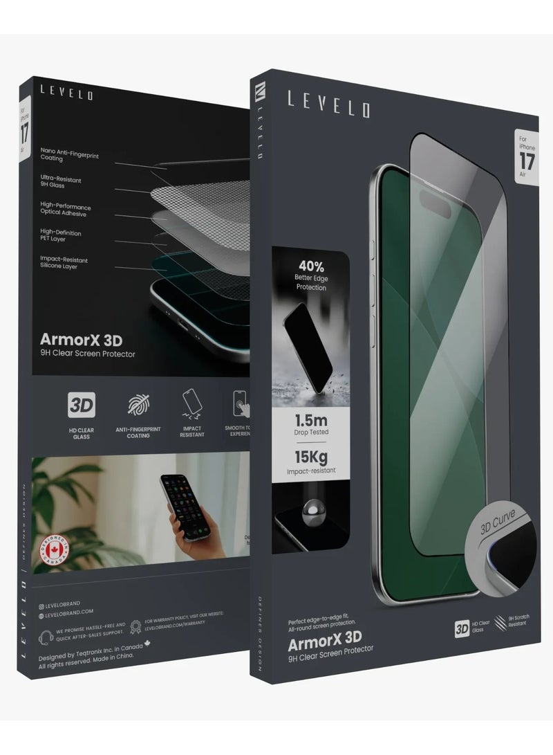 LEVELO ArmorX 3D Screen Protector for iPhone 17 Air with 9H Ultra Resistant & Nano Anti Fingerprint Coating, Oleophobic Coating, Smooth Touch Experience, 40% Better Edge Protection, Impact-Resistant Silicone Layer, 15Kg Impact Resistant - Clear - Image 5