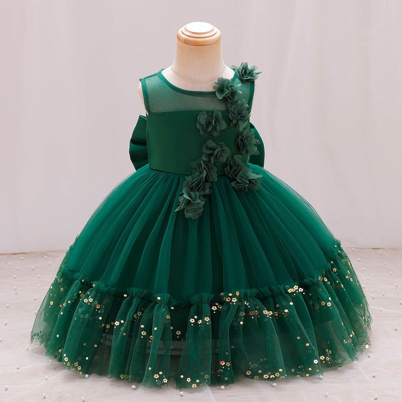 New Children Flower Stitching Princess Solid Color Performance Dress Birthday Dinner Big Bow dress Wholesale green