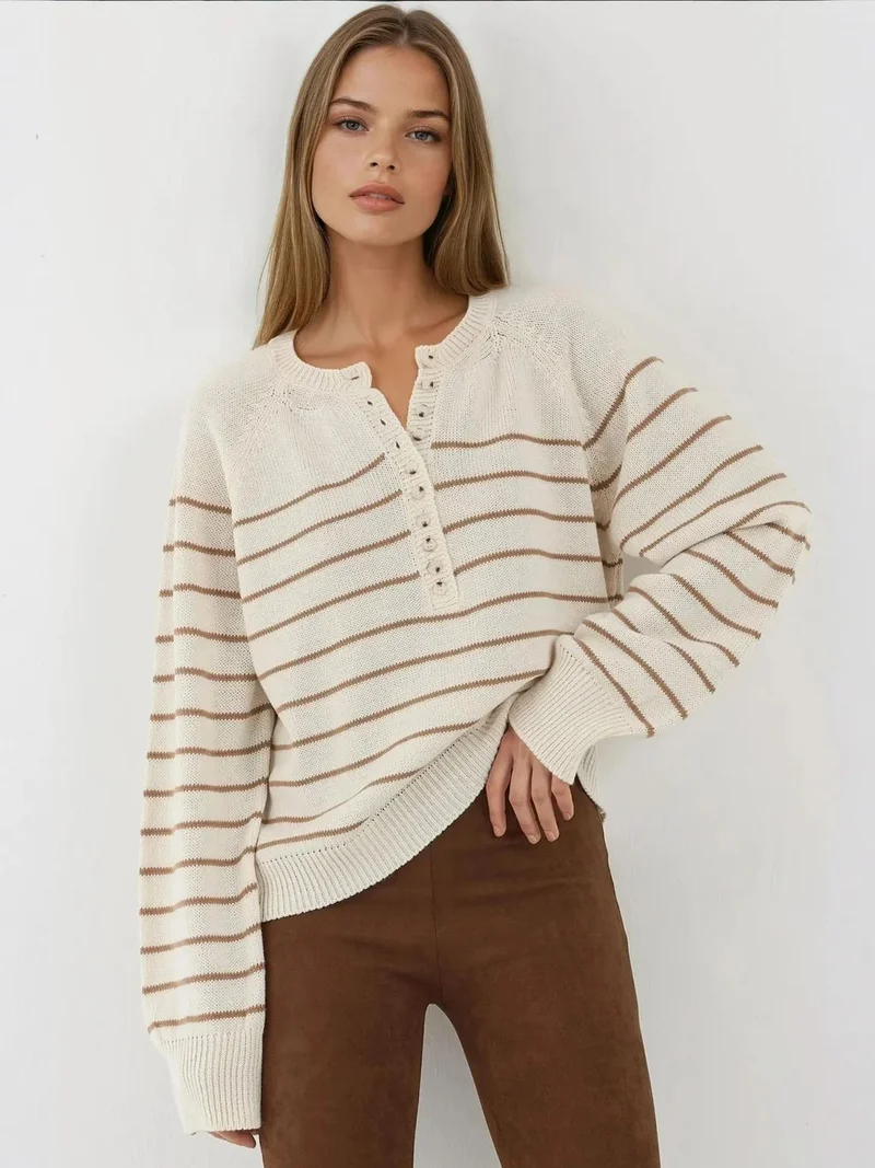 Button Detailed Striped Loose Fit Sweater