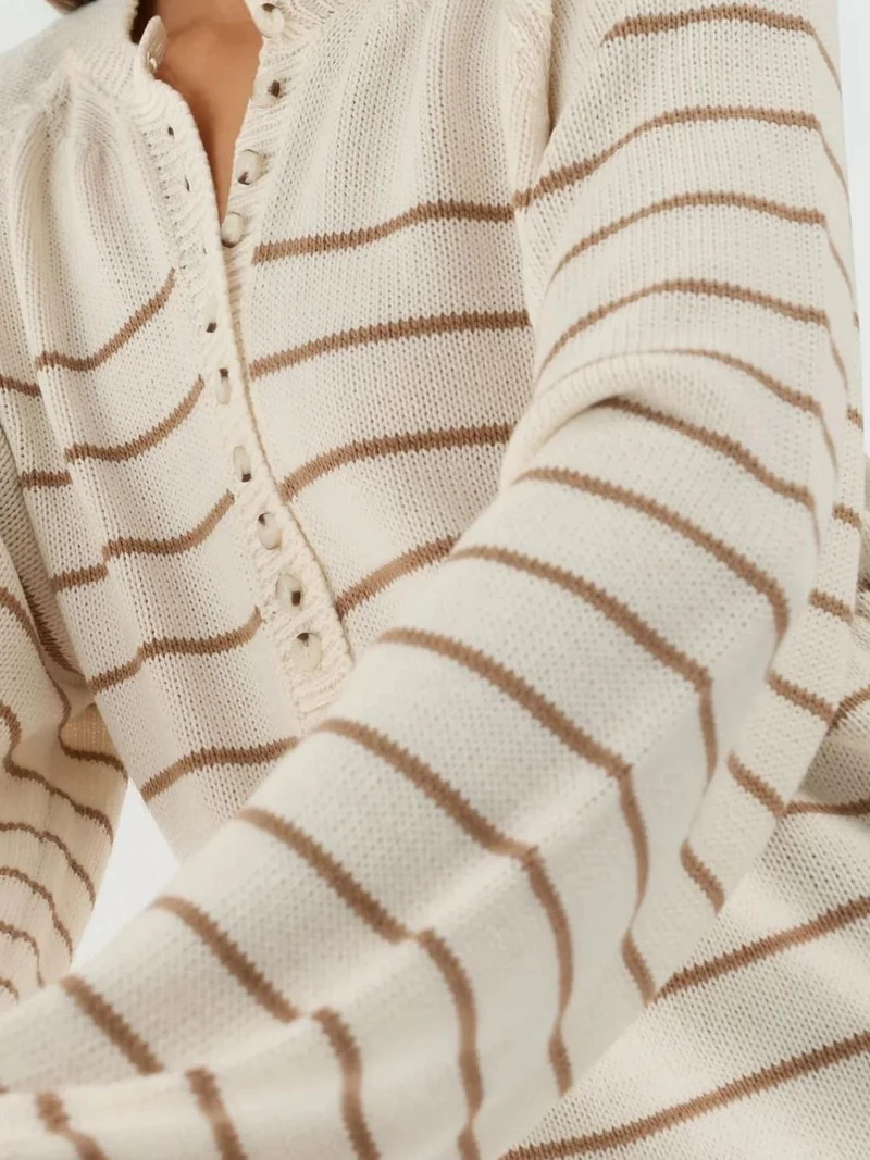 HICCUP Beige Natural Button Detailed Striped Loose Fit Sweater for Women | Best Price UAE