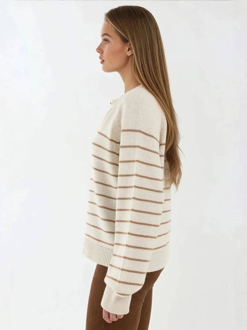 HICCUP Beige Natural Button Detailed Striped Loose Fit Sweater for Women | Best Price UAE