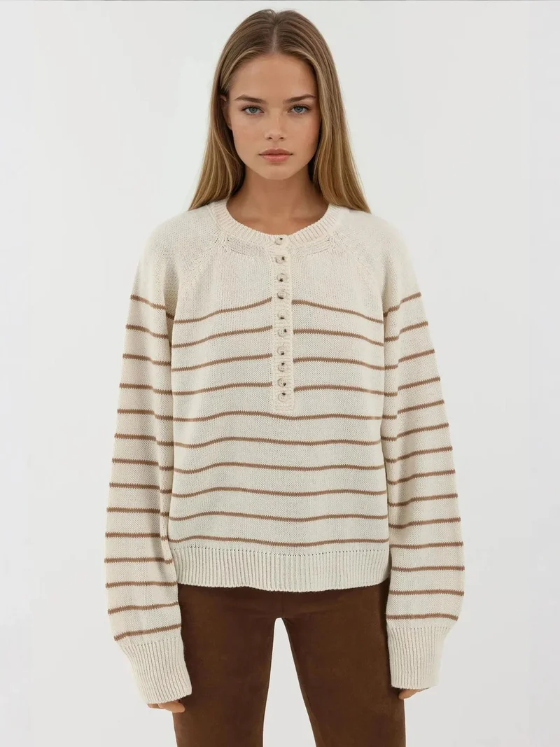 HICCUP Beige Natural Button Detailed Striped Loose Fit Sweater for Women | Best Price UAE