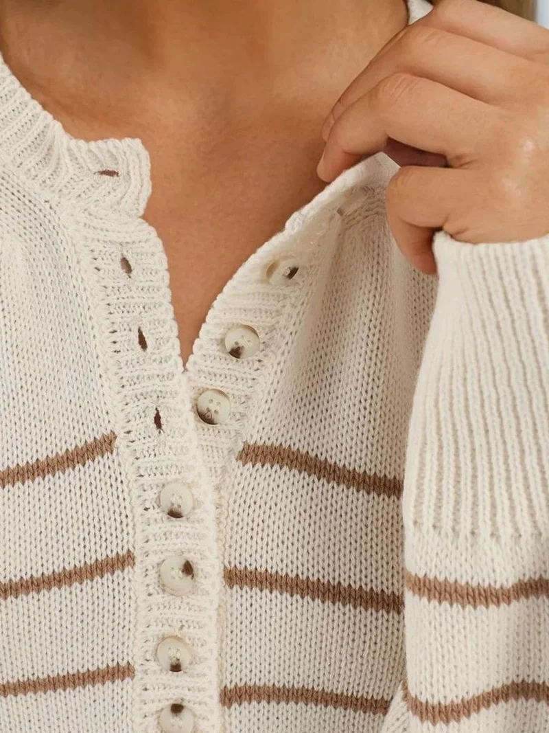HICCUP Beige Natural Button Detailed Striped Loose Fit Sweater for Women | Best Price UAE