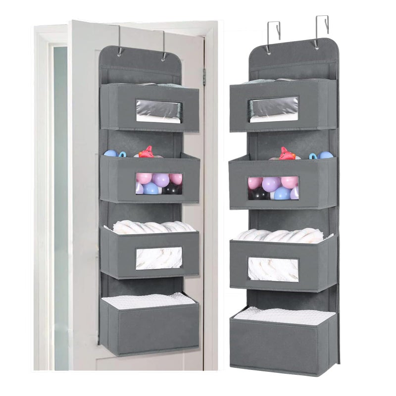 MAX Houser 4Shelf Over The Door Hanging Organizer with 2 Metal Hooks4 Pocket Over The Door Wall Mount Storage with Clear Windows for Baby Nursery Bathroom ClosetBedroomDormDiapersKids ToysGray