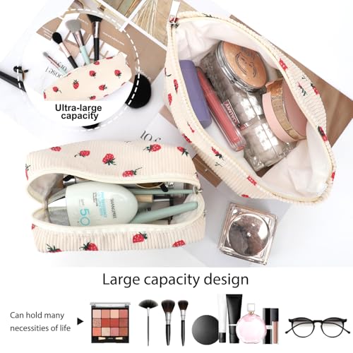 EIMMBD Makeup Bag 3 Pieces Large Capacity Cosmetic Bags Travel Toiletry Bag Organizer Cute Makeup Bag Storage for Women(Beige Strawberry) - Image 3