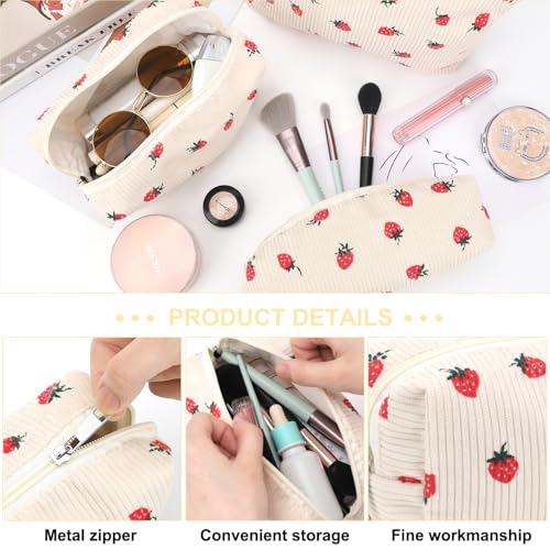 EIMMBD Makeup Bag 3 Pieces Large Capacity Cosmetic Bags Travel Toiletry Bag Organizer Cute Makeup Bag Storage for Women(Beige Strawberry) - Image 4