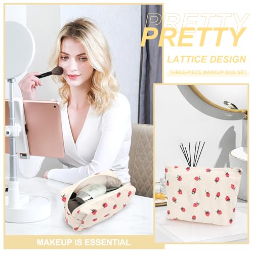 EIMMBD Makeup Bag 3 Pieces Large Capacity Cosmetic Bags Travel Toiletry Bag Organizer Cute Makeup Bag Storage for Women(Beige Strawberry) - Image 5