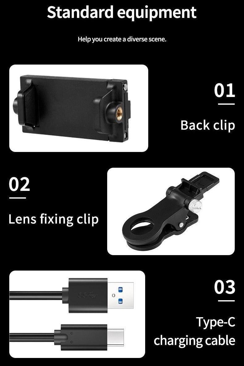 إضاءة سيلفي عالية الطاقة، 60 مصباح LED قابلة لإعادة الشحن، مزودة بمشابك أمامية وخلفية، 3 أوضاع إضاءة و10 مستويات سطوع، مناسبة لتصوير مقاطع الفيديو والصور، مناسبة للهواتف، والحواسيب المحمولة، والمكياج، وبث تيك توك، وبث تيك توك، وبث تيك توك، وبث تيك توك. - Image 5